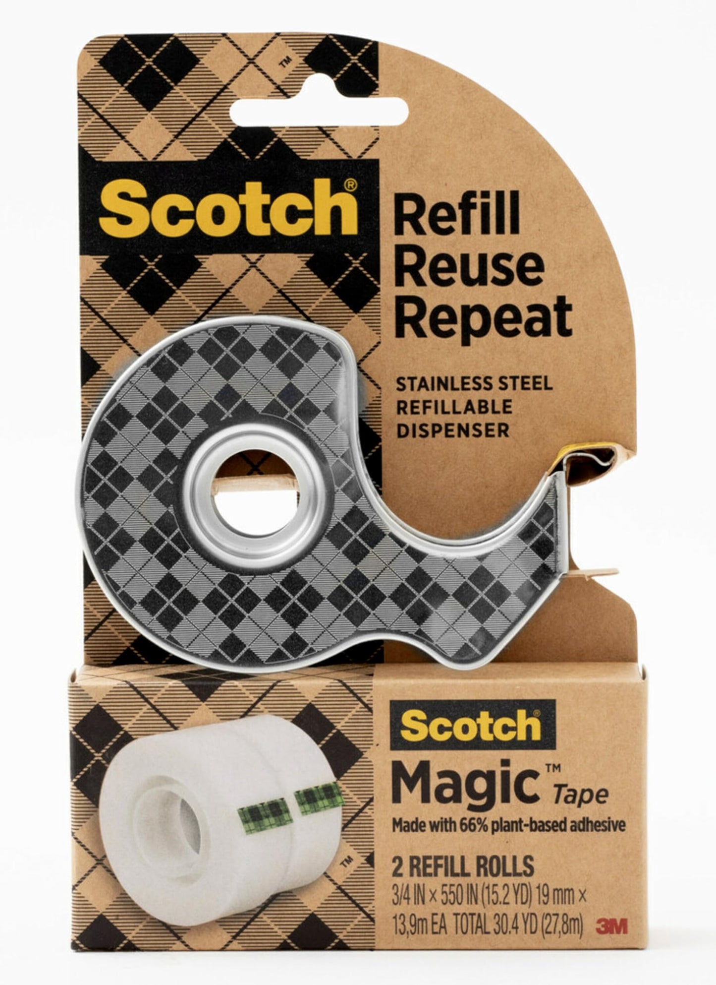 Scotch Magic Tape Stainless Steel Refillable Dispenser with Plant-Based Adhesive Refill Pack, Includes 2 Rolls of Invisible Tape, 3/4 in x 550 in