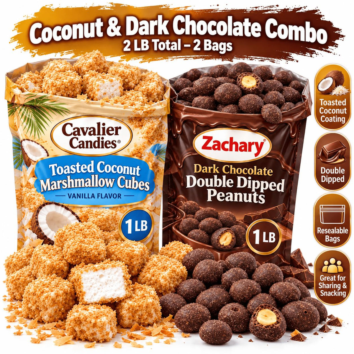 Zachary Toasted Coconut Marshmallow Cubes 1 lb & Dark Chocolate