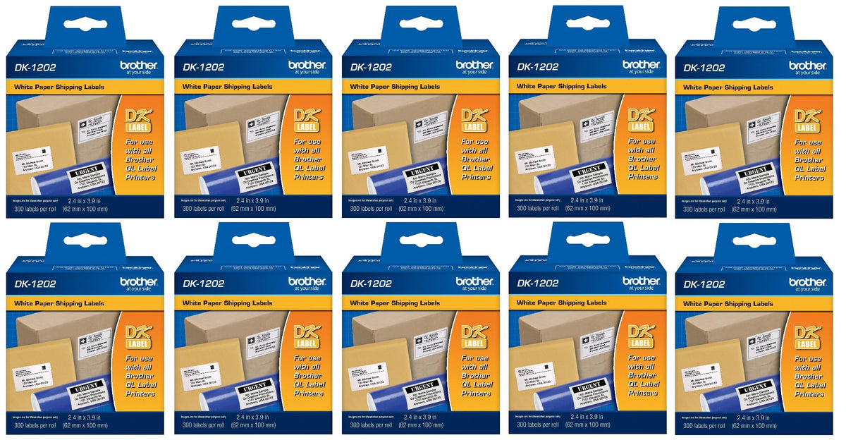 Brother Genuine DK-1202 10-Pack Die-Cut White Paper Shipping Labels for QL Printers, 2.4" x 3.9" (62mm x 100mm) Individual Label Size, 3,000 Total Labels
