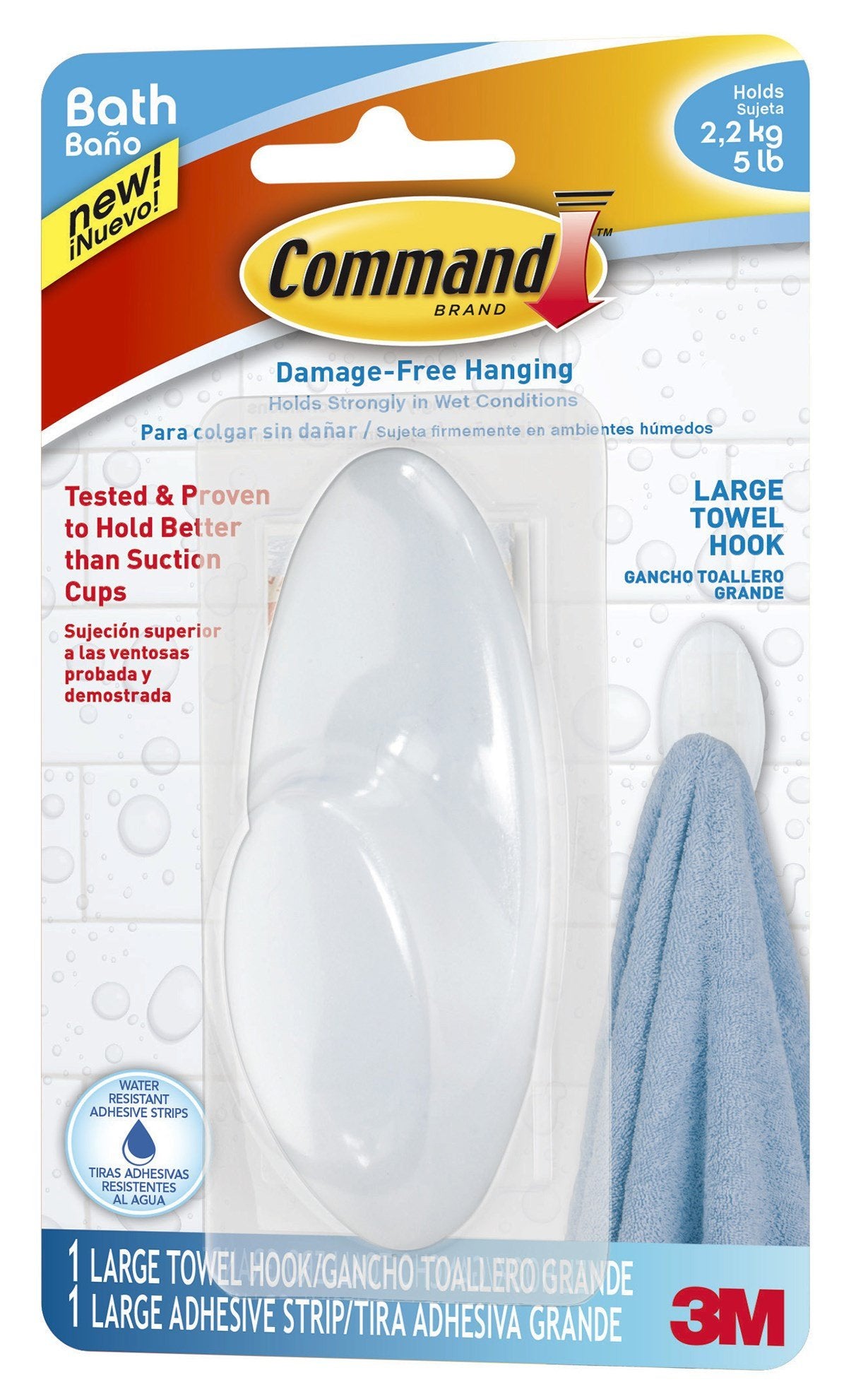 Command Large Towel Hook, Holds up to 5 lb, 1 Bath Hook with 1 Water-Resistant Command Strip, Damage Free Bathroom Organization for Robes, Towels, Loofahs, or Bathroom Accessories