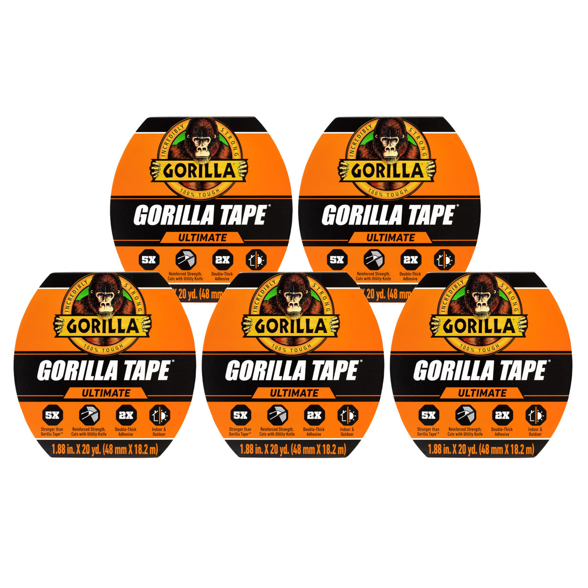 Gorilla Ultimate Tape 1.88" x 20yd Black Pack of 5