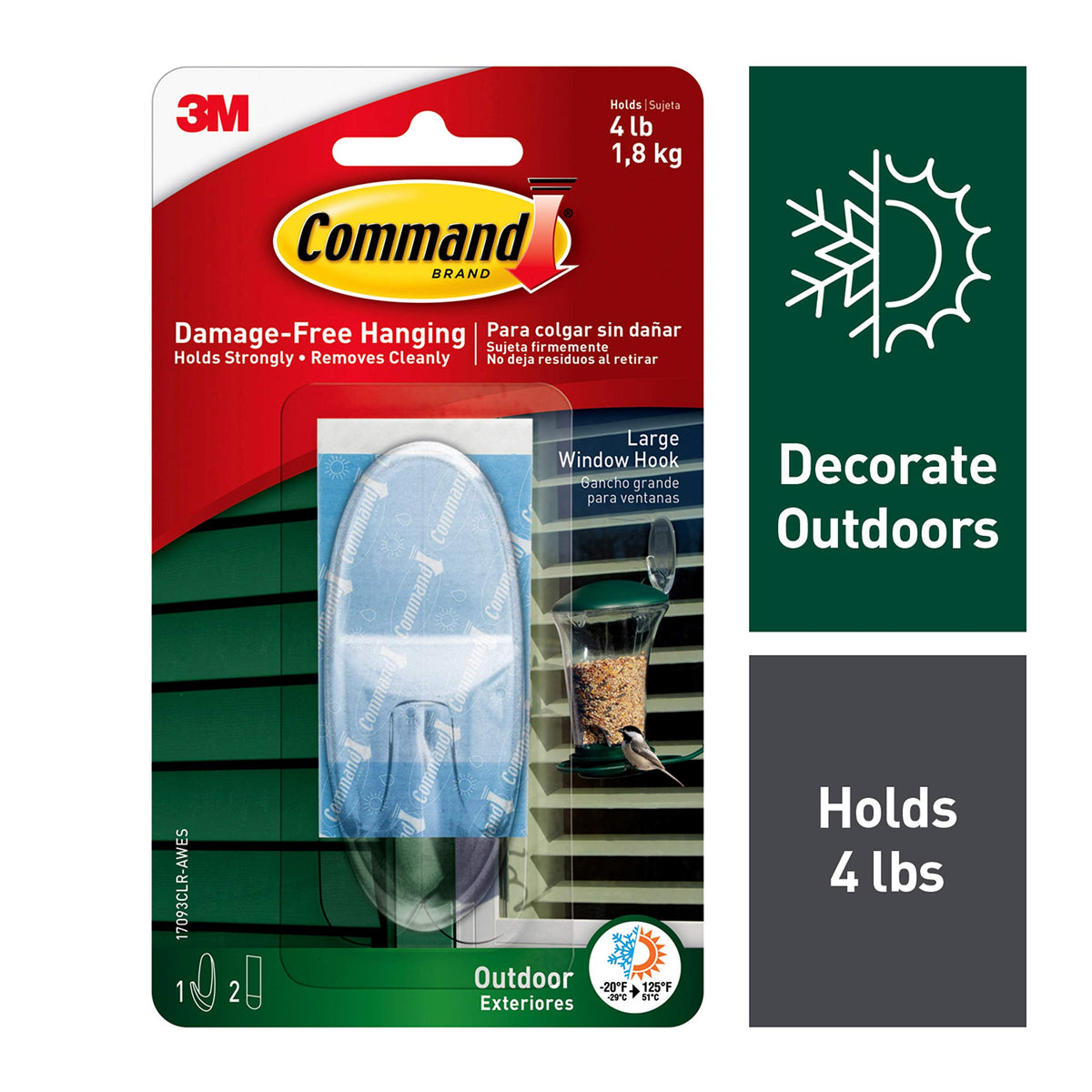 Command Large Clear Outdoor Plastic, Window Hook, 3 Piece (1 Hook, 2 Strips)