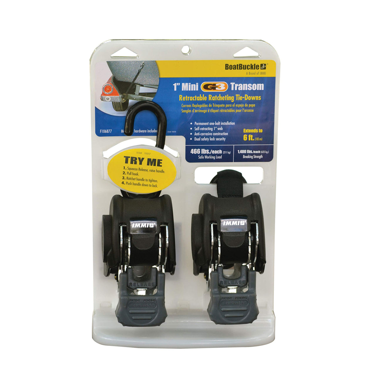 BoatBuckle Mini G3 Retractable Transom Tie-Down 1 x 72 Inch