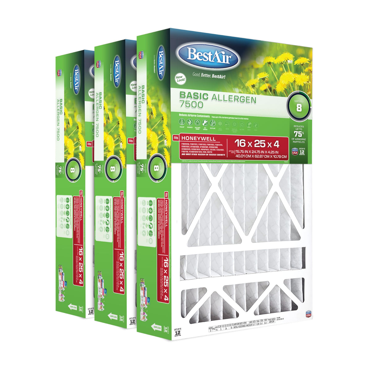 BestAir 16x25x4 MERV 8 Air Filter 3-Pack