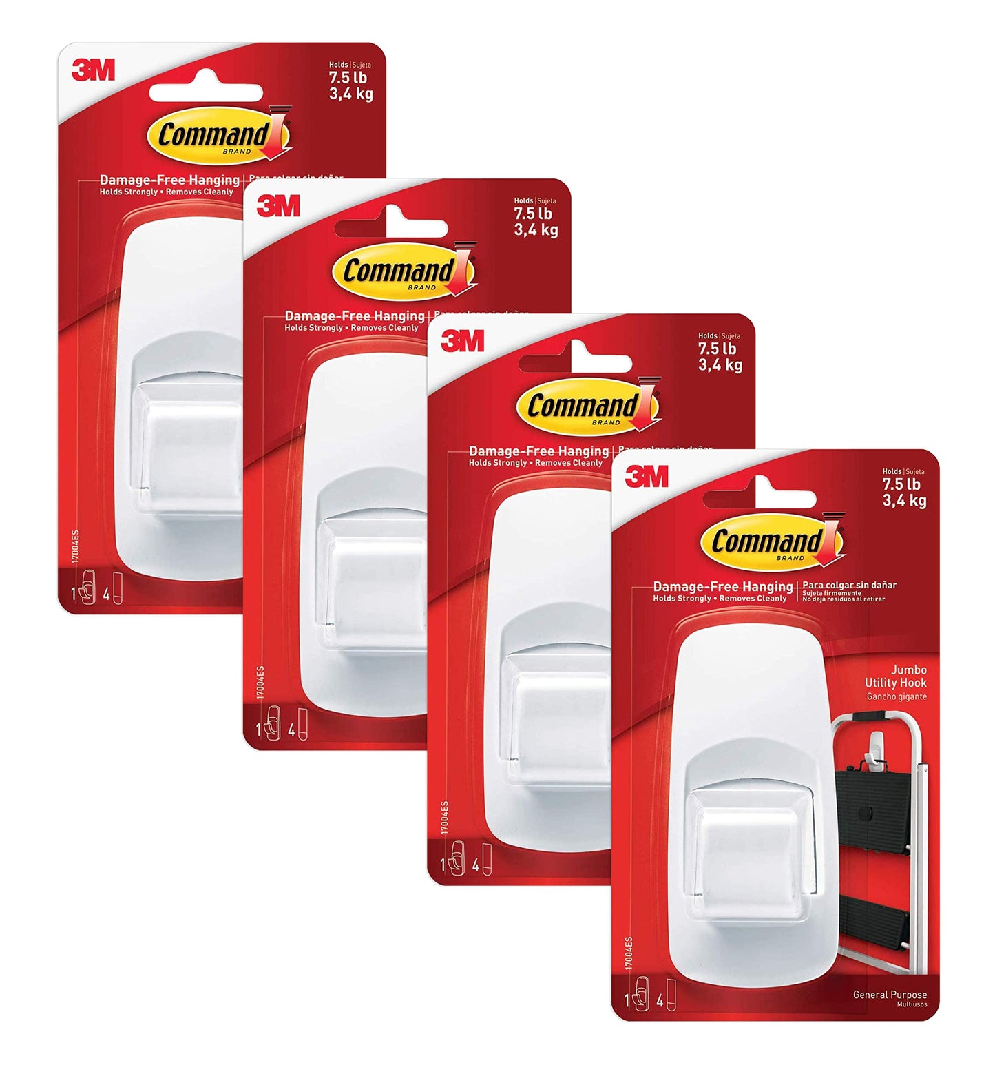 3M Command Jumbo Hooks 7.5 lb, 4-Pack (17004ES)