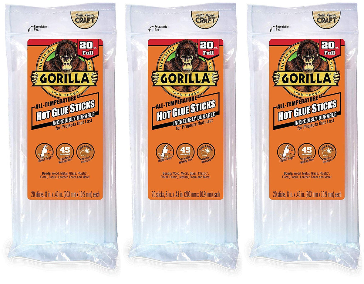 Gorilla Hot Glue Sticks Full Size 8" 20ct 3-Pack