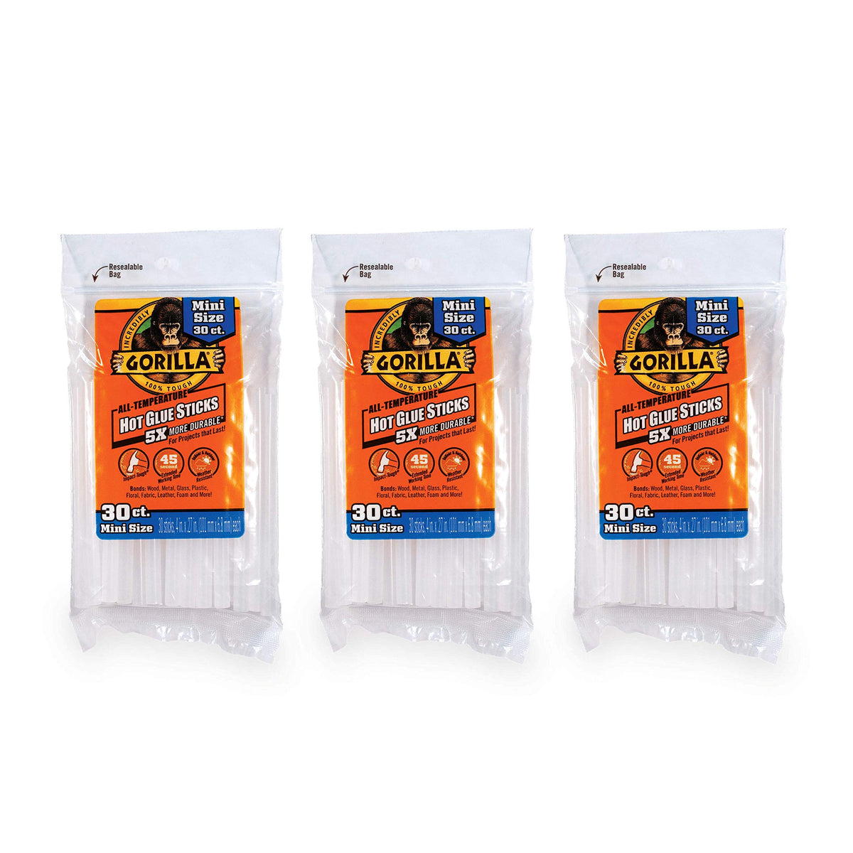 Gorilla Mini Hot Glue Sticks 4" x 0.27", 30ct (3-Pack)