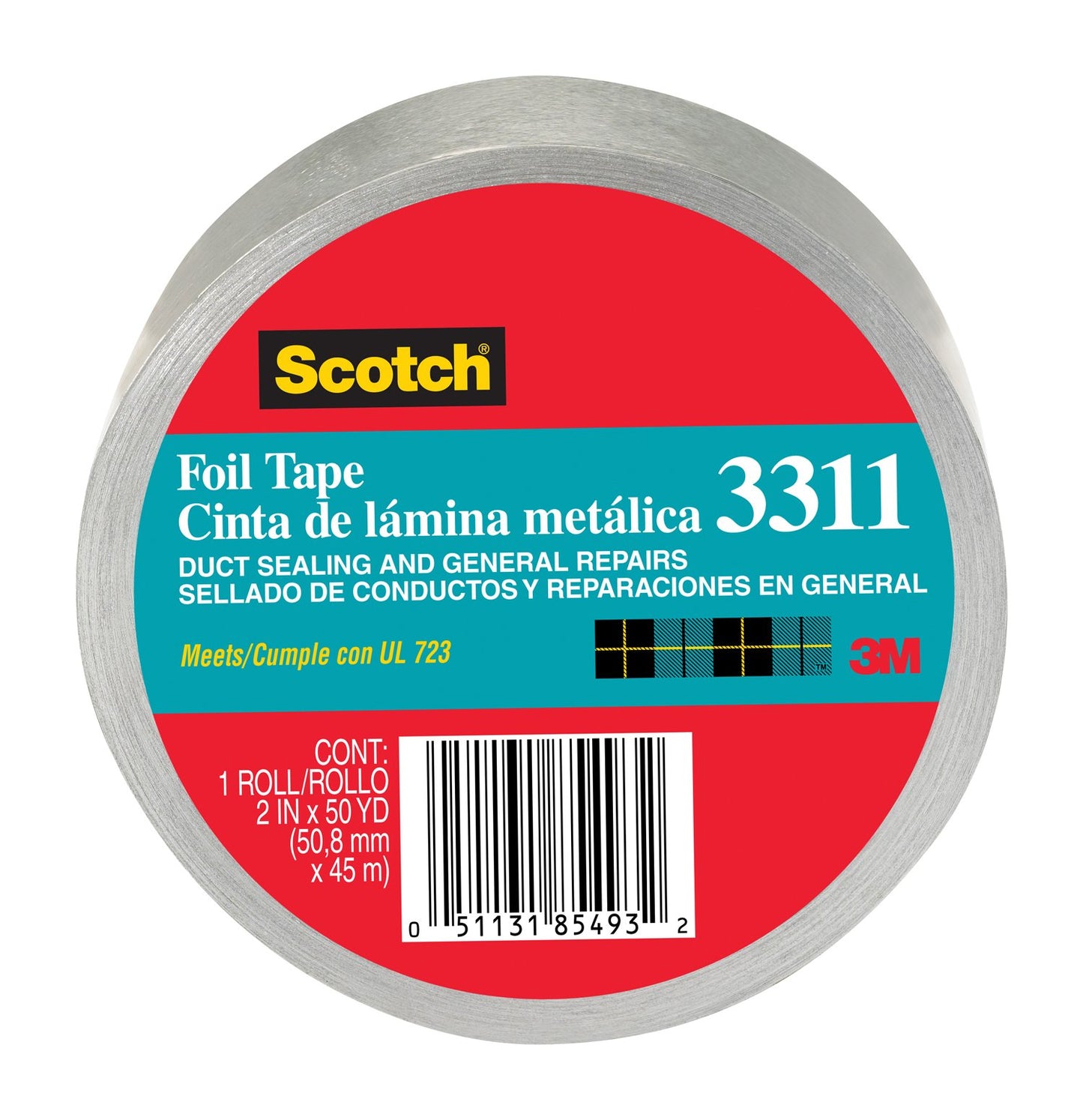 Scotch 3311 Aluminum Foil Tape, 2" x 10 yd, 3.6 mil, Silver (Pack of 1)