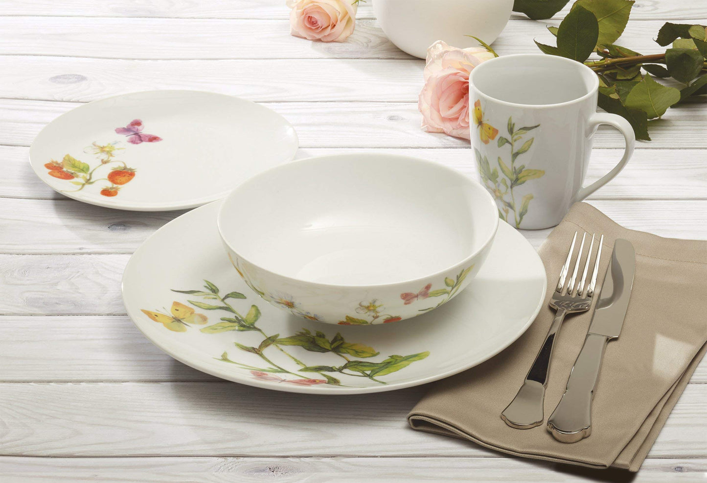 Safdie & Co. AM02684 16 Piece Botanical Butterflies Dinner Set, White