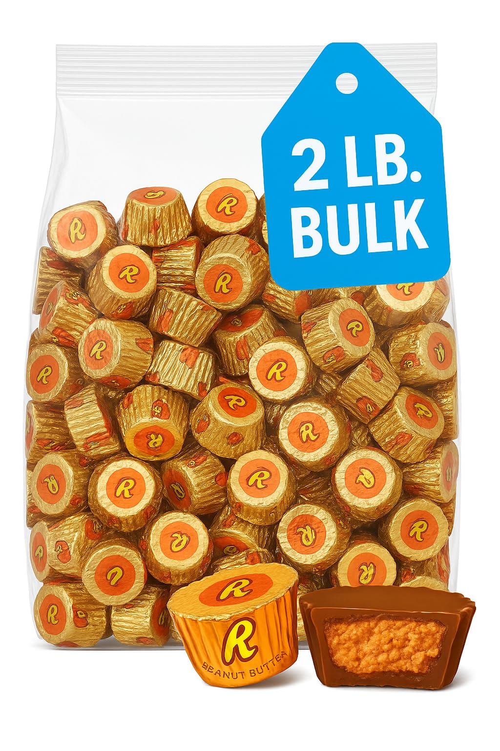 Peanut Butter Cup Miniatures 2 LB Bulk – Approx. 105 Individually Wrapped Milk Chocolate Candies for Party Favors, Snacks & Halloween Treats 00034000448258