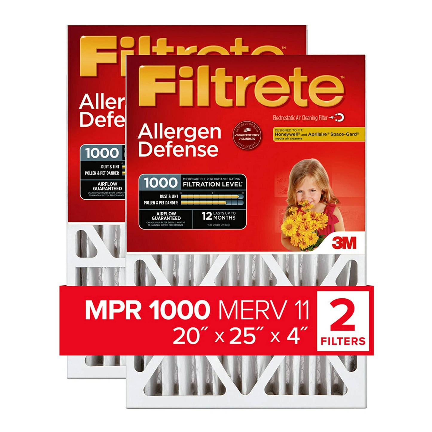 Filtrete 20x25x4 Air Filter MERV 11, MPR 1000 Micro Allergen Defense 2-Pack, Fits Honeywell & AprilAire, AC Furnace HVAC Filters for Home, Pleated Electrostatic (Actual Size 19.88 x 24.63 x 4.31 in)