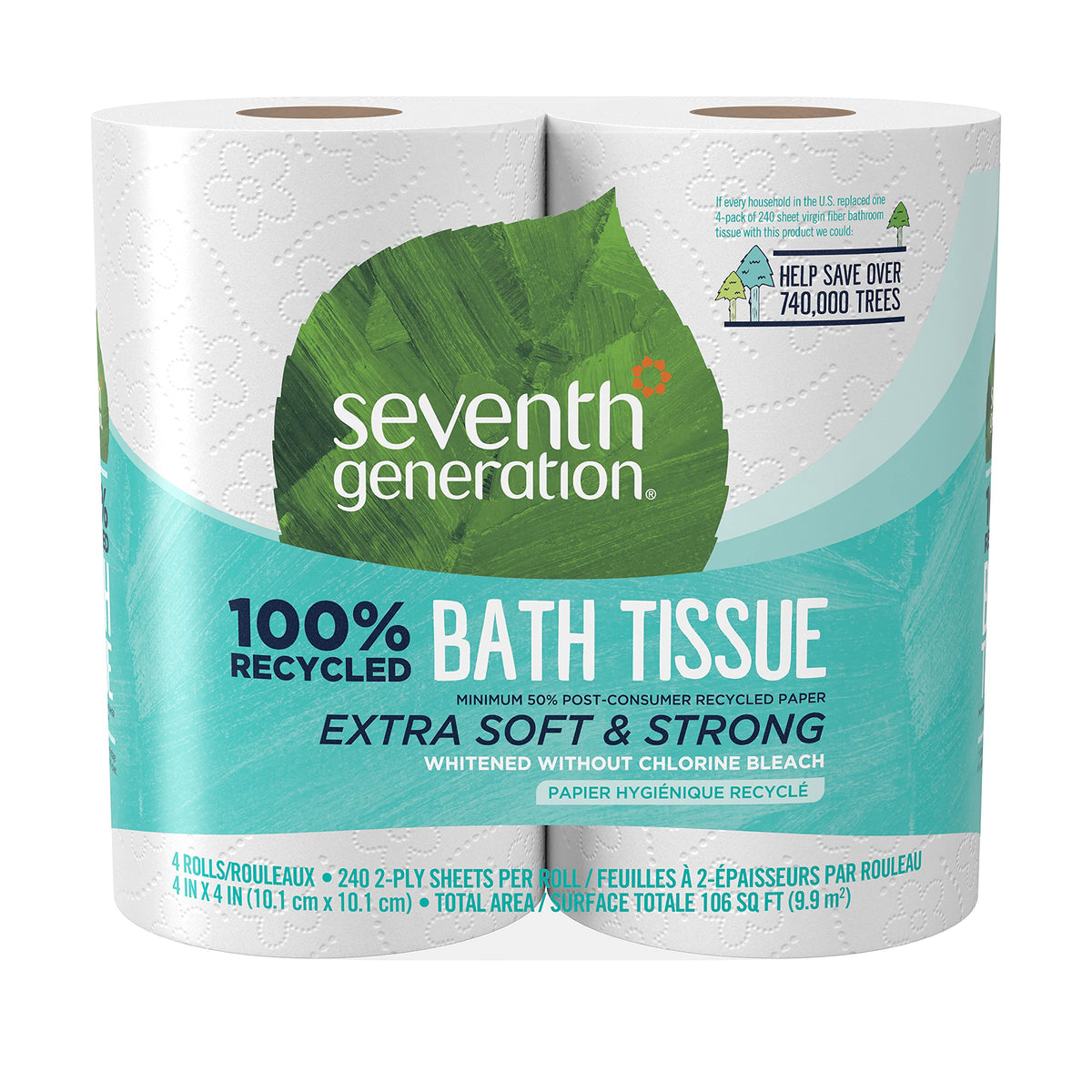 Seventh Generation Bath Tissue Toilet Paper Chlorine Free 2 Ply Toilet Paper 100% Recycled Paper 4 Count (Pack of 1)