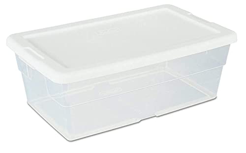 Sterilite 6 Qt Storage Box, Stackable Bin with Lid, Plastic Container to Organize Shoes and Crafts on Closet Shelves, Clear with White Lid, 1-Pack