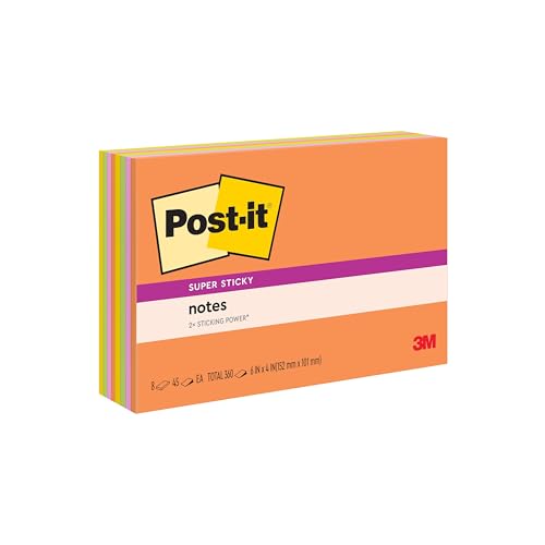 Post-it Notes Super Sticky Meeting Notes in Rio de Janeiro Colors, 6 x 4, 45/Pad, 8 Pads/Pack