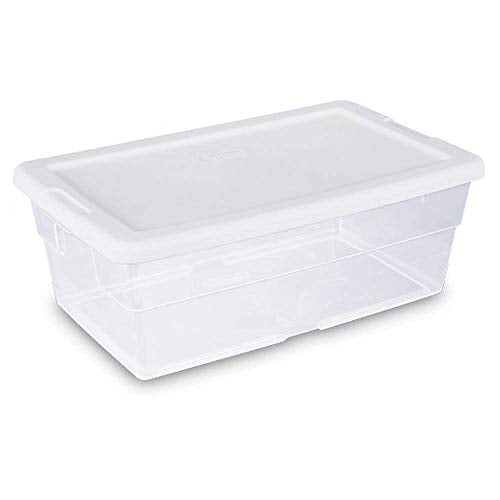 Sterilite 6 Qt Storage Box, Stackable Bin with Lid, Plastic Container to Organize Shoes and Crafts on Closet Shelves, Clear with White Lid, 1-Pack