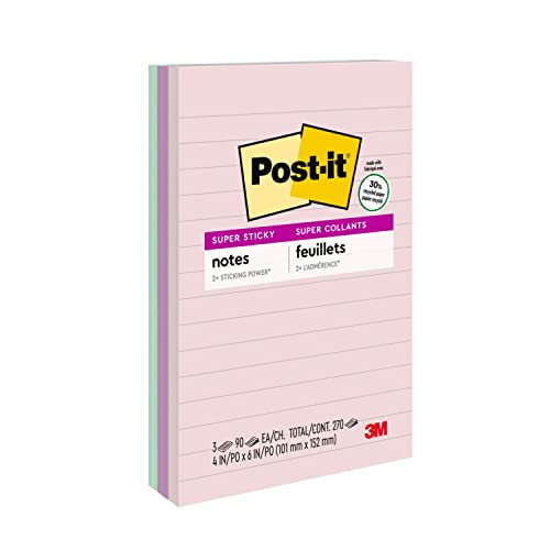Post-it 100% Recycled Paper Super Sticky Notes, Lined, 4 in. x 6 in., 4 Pads, 45 Sheets per Pad, Wanderlust Pastels, School Supplies and Office Products