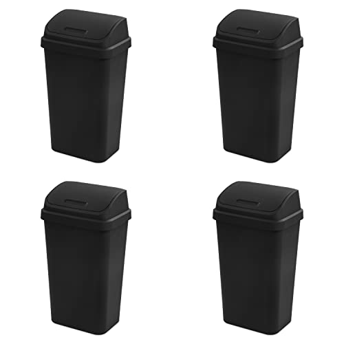 Sterilite 13 Gallon Swing Top Wastebasket with Lid, Large Plastic Trash Can for The Kitchen & Mudroom, Black Lid and Base, 4-Pack