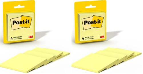Post-it Notes, 3x3 in, 4 Pads, Canary Yellow, Clean Removal, Recyclable (Pack of 2)