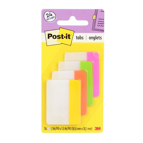 Post-it Tabs, 2 in, Solid, Assorted Bright Colors, 6 Tabs/Color, 4 Colors, 24 Tabs/Pack (686-PLOY)