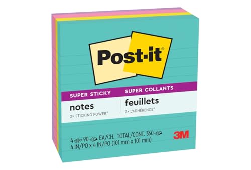 Post-it Super Sticky Notes, 4x4 in, 4 Pads, 2X The Sticking Power, Supernova Neons, Bright Colors, Recyclable (675-4SSMIA)