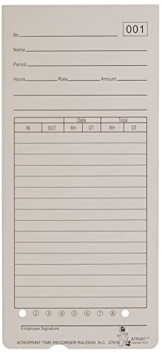 Acroprint 099115000 Time Card for ATR480 Totalizing Electronic Time Clock, 7 1/2 x 3.35, 50 per Pack