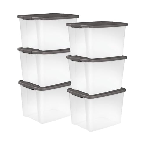 Sterilite 19376406 50-Quart Shelf Tote Driftwood Base and Lid with Platinum Latches 6-Pack