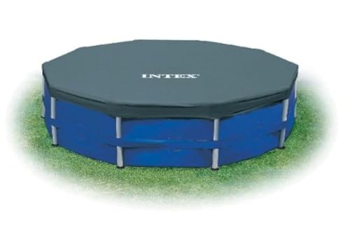 INTEX 28032E Pool Cover: for 15ft Round Metal Frame Pools – Includes Rope Tie – Drain Holes – 10in Overhang – Snug Fit