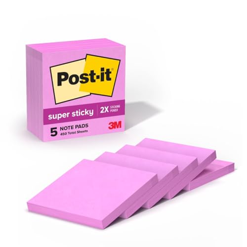 Post-it Super Sticky Notes, 5 Sticky Note Pads, 3 x 3 in., School Supplies, Office Products, Sticky Notes for Vertical Surfaces, Monitors, Walls and Windows, Tropical Pink