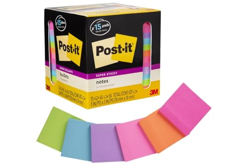 Post-it Super Sticky Notes, 15 Sticky Notes Pads, 3 x 3 in., School Supplies and O?ce Supplies, 2X the Sticking Power, Assorted Brights