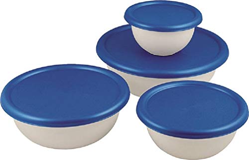 Sterilite plastic 8 Piece Covered Set Bowl, Multisize, White & Blue,2.5 liters