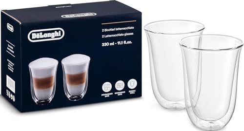 De'Longhi DeLonghi Double Walled Thermo Latte Glasses, Set of 2, 2 Count (Pack of 1), Clear, 330 milliliters