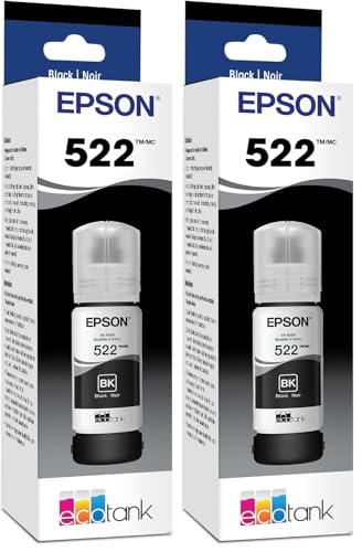 Epson 522 EcoTank Black Ink, Ultra-High Capacity Bottle (T522120-S), Compatible with EcoTank 2720, 2800, 2803, 2840, 4700, 4800, 4810 (Pack of 2)