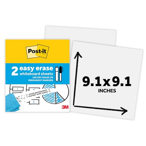 Post-it Easy Erase Whiteboard Sheets, 2 Pack, 9.1 x 9.1 in, Instant Whiteboard, Use Dry Erase and Permanent Markers (EE-SH-2PK-SIOC)