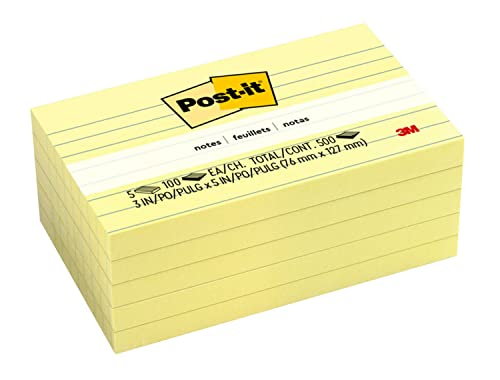 Post-it Notes, 3 in x 5 in, 5 Lined Sticky Notes Pads, 100 Sheets per Pad, Canary Yellow, The Original Post-it Note, School Supplies and O?ce Products