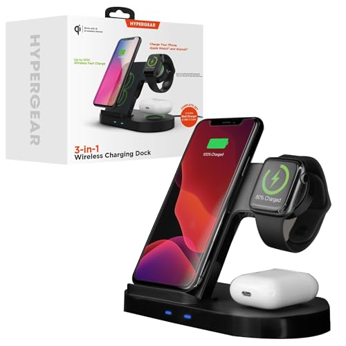 HyperGear - 15W Wireless Charger iPhone Charging Station 3 in 1 Charger Stand Multiple Devices for Apple, Desk Phone Docking Wireless Charge Pad for Watch, Airpods, iPhone 17/16/15, Android & More