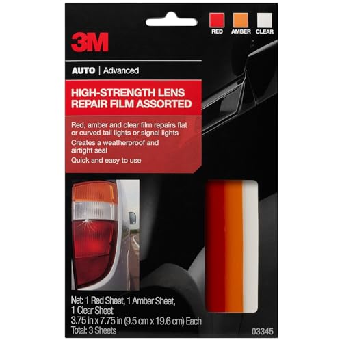 3M Auto High-Strength Lens Repair Film, 3.5 in x 7.75 in, Assorted Sheets: Red / Amber / Clear, Weatherproof & Airtight Seal, Flexible Film Repairs Flat or Curved Lenses on Truck & Car Lights (03345)