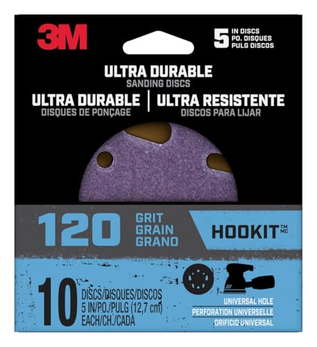 3M Ultra Durable 5 inch Power Sanding Discs, Universal Hole, 120 Grit, 10/Pack