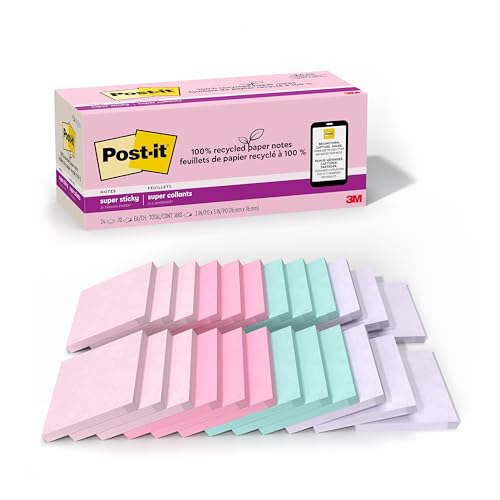Post-it 100% Recycled Paper Super Sticky Notes, 2X The Sticking Power, 3x3 in, 24 Pads/Pack, 70 Sheets/Pad, Wanderlust Pastels Collection (654R-24SSNRPCP)