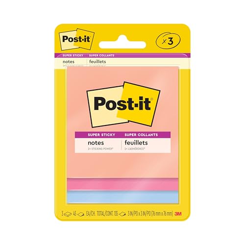 Post-it Super Sticky Notes, 3 Sticky Note Pads, 3 x 3 in., School Supplies, Office Products, Sticky Notes for Vertical Surfaces, Monitors, Walls and Windows, Summer Joy Collection