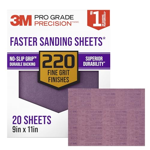 3M Advanced Sandpaper, 20 Sheets, 220 Grit, 3M Pro Grade Precision, Features No-Slip Grip Backing, 9-in x 11-in, For Sanding Wood, Drywall, or Metal, Can be Used on Wet or Dry Surfaces (26220CP-P-G)