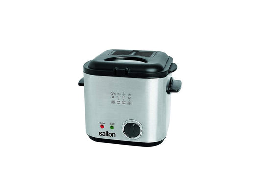 Salton Stainless Steel Construction Compact Deep Fryer, 1 Liter/Quart Oil Capacity with Wire Mesh Basket, Adjustable Temperature Control and Ready Lights, Two Part Filter System, 800 Watts (DF1539)