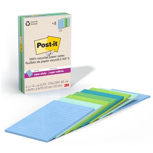 Post-it Recycled Super Sticky Notes 4x6, 8 Pads