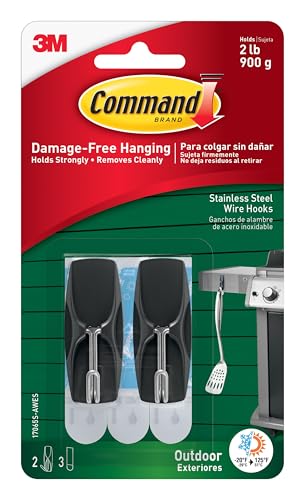 Command Outdoor Medium Black Wire Toggle Hooks, 2 Hooks and 3 Command Strips, Damage-Free Hanging Wall Hooks for Hanging Christmas Decorations with Weather Resistant Strips, Holds up to 2 lb