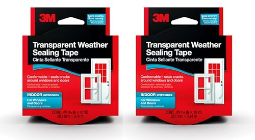 3M Interior Transparent Weather Sealing Tape, 1.5" x 10 Yards (2 Pack), Moisture-Resistant Insulating Tape for Interior Windows & Doors – Seals Drafts, Reduces Energy Loss, No-Residue Removal