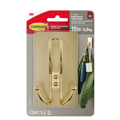 Command X-Large Satin Brass Triple Hook, 1 Hook, 3 Strips, Damage-Free Hanging Wall Hooks with Adhesive Strips, No Tools Wall Hooks for Hanging Decorations in Living Spaces