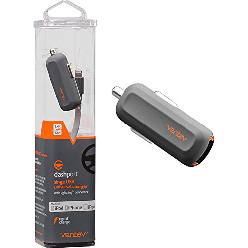 Ventev Car Charger with Apple Lightning Cable Dash Port R1240 | Fast Charging at Max Rate, No Fray-Durability, Universally Compatible with Apple Devices, iPhone and iPad | Grey