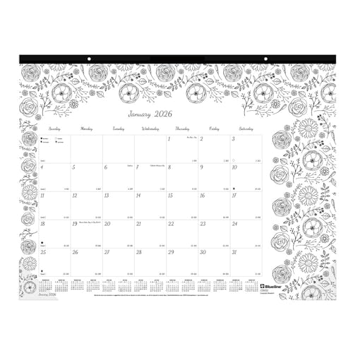 2025 Blueline DoodlePlan Botanica 22-inch x 17-inch Monthly Coloring Desk Pad Calendar, White/Black (C2917311)