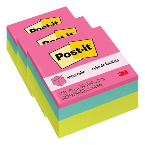 Post-it® Notes Cube, 400 Total Notes, 3" x 3", Bright Colors (Pack of 3)