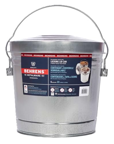 Behrens 6 Gallon Rust Proof Galvanized Steel Locking Lid Dry Storage Recyclable Trash Can for Outdoor and Indoor Storage and Waste Disposal