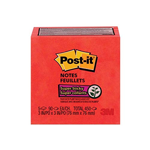 Post-it Super Sticky Notes, 5 Sticky Note Pads, 3 x 3 in, School Supplies, Office Products, Sticky Notes for Vertical Surfaces, Monitors, Walls and Windows, Candy Apple Red